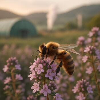 Bee perched on thyme flower in soft light