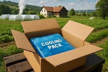 Crate with cool pack and labeled produce