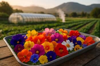 Mix of edible flowers in a shallow tray