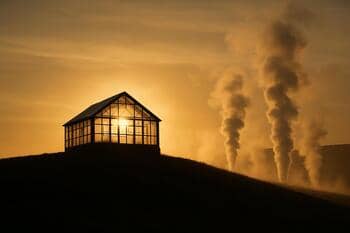 Glasshouse skyline meeting a low ridge under pale sky