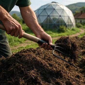 Hands turning compost with steam rising lightly