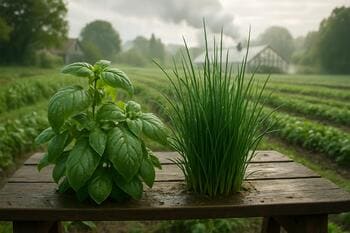 Basil and chives on a narrow bench, dew on leaves