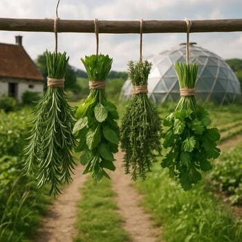 Tight herb bundles tied with twine