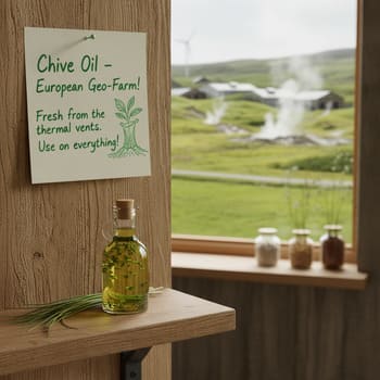 Small note card about chive oil next to a jar