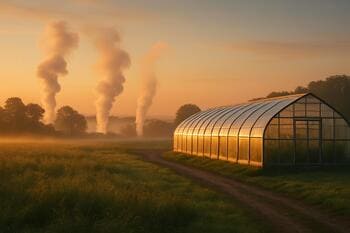 Glasshouse at dawn with steam wisps over a meadow edge