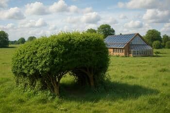 Low hedgerow acting as wind shelter at meadow edge