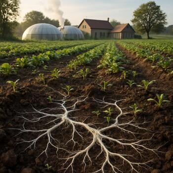 Fine mycorrhizal threads weaving through soil