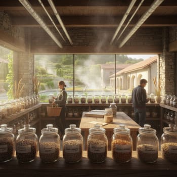 Glass jars with labeled seeds on a shelf