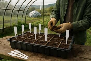 Seedling tray being prepared on a bench