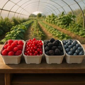 Shallow crate with mixed berries from the cool bench