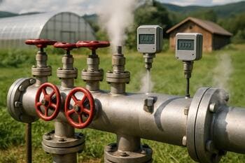 Close view of steam manifold with labeled valves