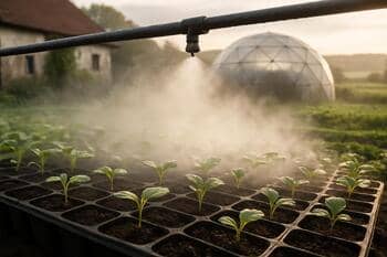 Fine mist across a tray of seedlings