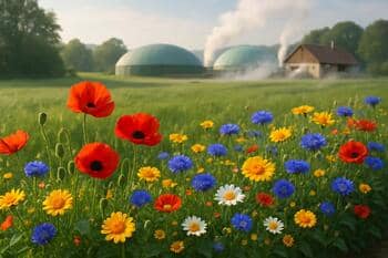 Wildflower strip close-up with vivid petals at the meadow boundary