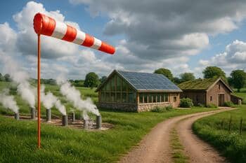 Small wind flag showing breeze angle near hedge